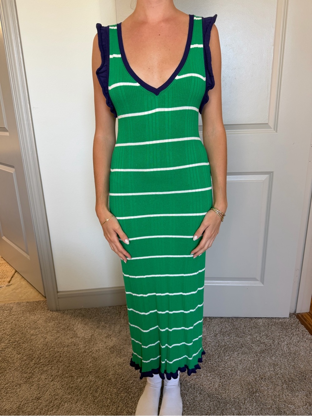 Anthropologie Green and White Striped V-Neck Maxi Dress with Navy Trim